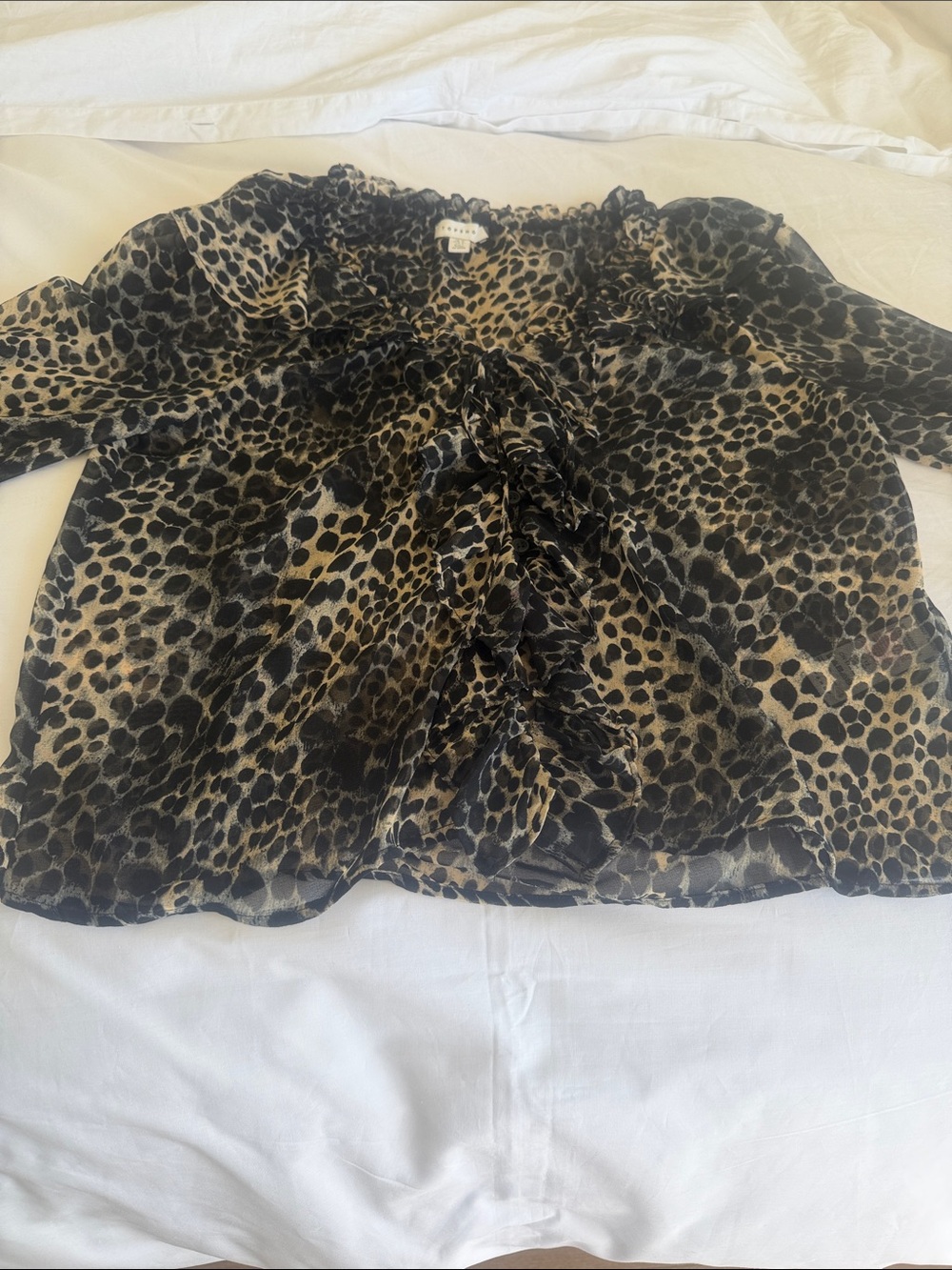 Topshop Leopard Print Ruffle Front Blouse - Black & Tan Semi Sheer Long Sleeve 8